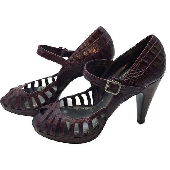 BCBGirls Heels 5" Caged Cutout Leather Faux Croc Embossed Size 10 Dark Purple - Picture 1 of 9